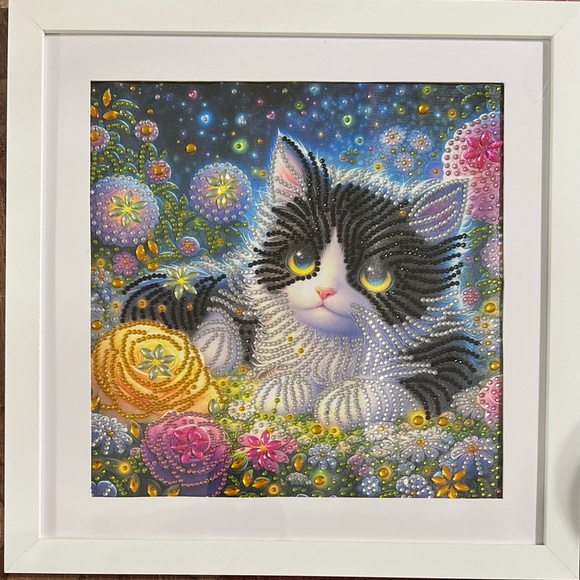 Framed Cat Art with Floral Design
